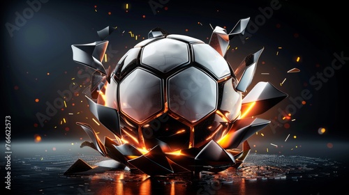 mechanical futuristic soccer ball or football explosion in white and black glossy material with neon burning and glowing details isolated with copyspace