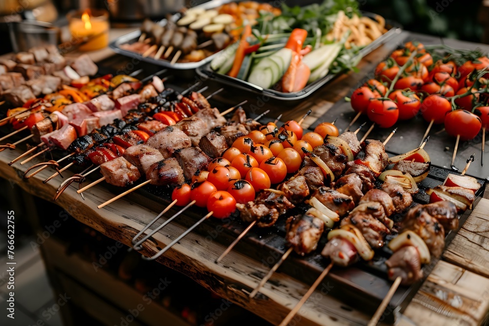 Indoor catering buffet with grilled meat vegetables and street food for a festive event or wedding reception. Concept Buffet Setup, Grilled Meats, Vegetarian Options, Street Food, Festive Event