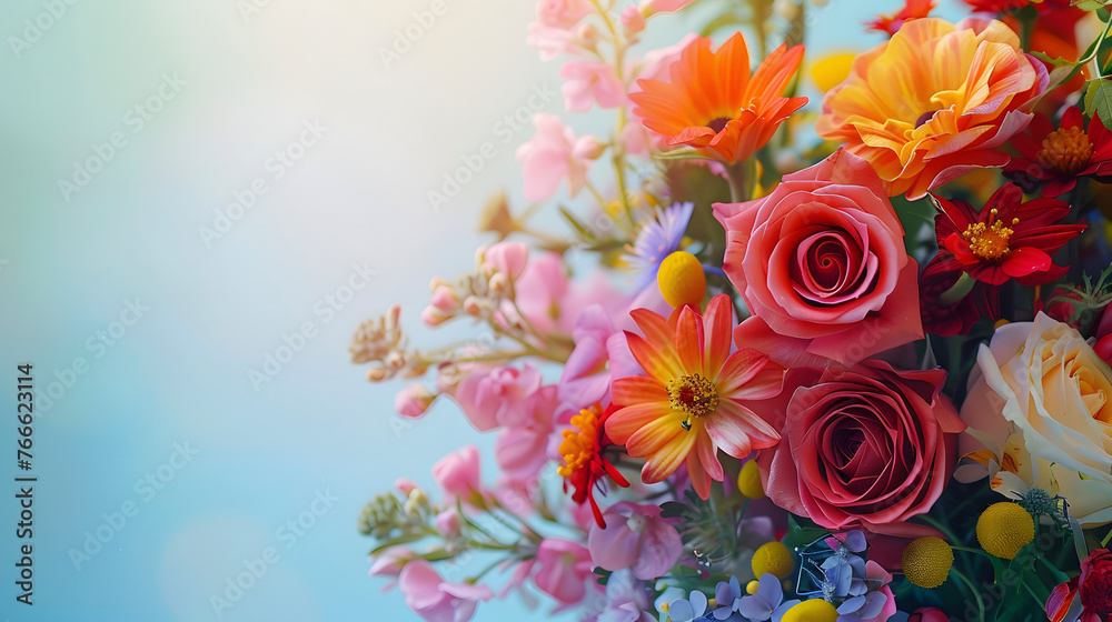 Bouquet of flowers with roses and daisies on the right side of the image and copy space on the left side, with blue background Bouquet of flowers with roses and daisies on the right side of the image and copy space on the left side, with blue background