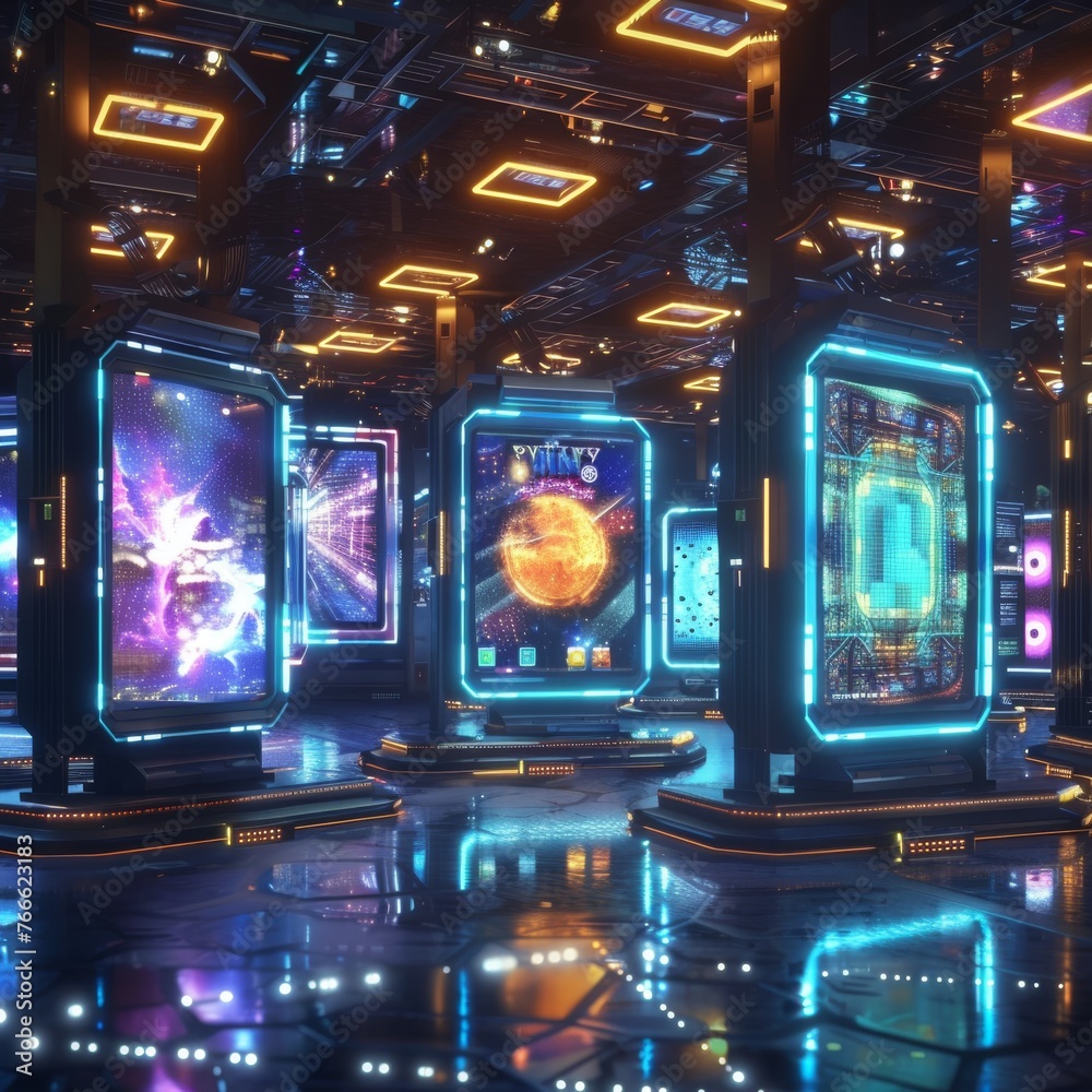 An interior view of a futuristic data center with glowing holographic screens depicting cosmic images and intricate circuits in a sleek, dark setting An interior view of a futuristic data center with glowing holographic screens depicting cosmic images and intricate circuits in a sleek, dark setting