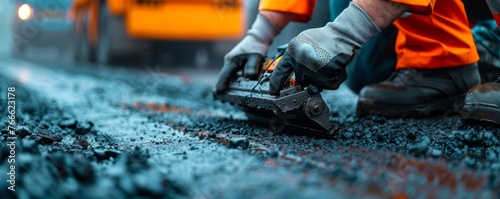 Close-up of hands operating a paving machine at a construction site