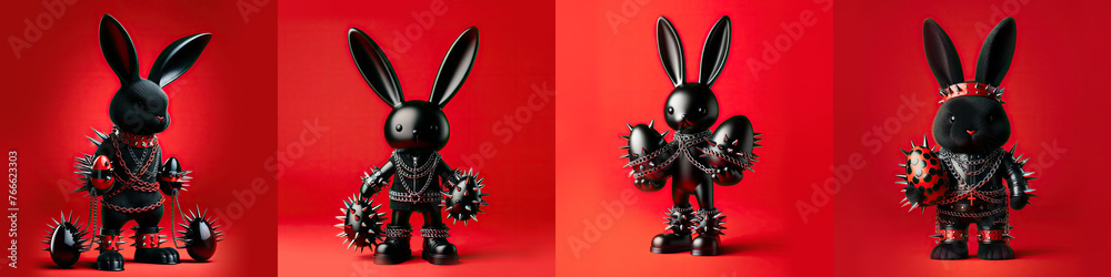 Collage of stylized rabbit characters dressed in punk rock attire, each holding a decorated Easter egg against a red backdrop. - obrazy, fototapety, plakaty 