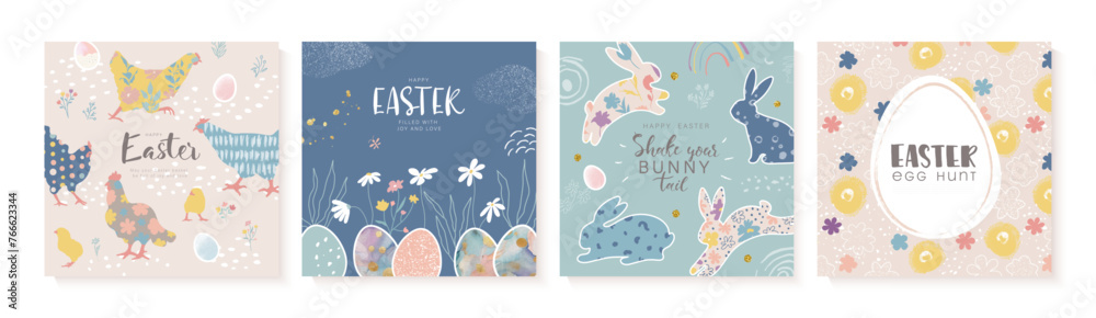 Happy Easter Set of banners, greeting cards, posters, holiday covers. Trendy design with rabbits, eggs, chickens, flowers and doodles in pastel colors. Vector illustration Happy Easter Set of banners, greeting cards, posters, holiday covers. Trendy design with rabbits, eggs, chickens, flowers and doodles in pastel colors. Vector illustration