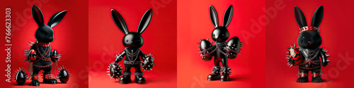 Collage of stylized rabbit characters dressed in punk rock attire, each holding a decorated Easter egg against a red backdrop.