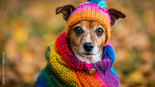 Happy jack russell dog wearing rainbow jumper costume outfit at pride parade outdoors at the park. Inclusion and diversity at pride festival. Pet companion for LGBTQ+ gay animal lover. © Sophie 