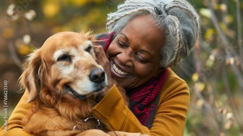 Mature candid black woman cuddling golden retriever dog outdoors in park. Senior african american female bonding with happy pet. Animal companionship. Mans best friend. Candid elderly woman with dog.