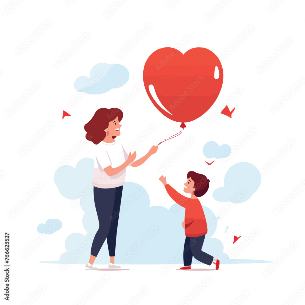 Child with his mother.The kid holds a red balloon.