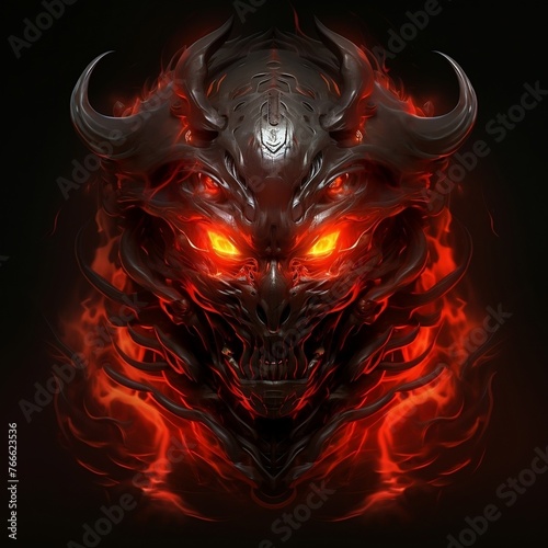 Digital painting of fire devil cyborg samurai face, 3D rendering