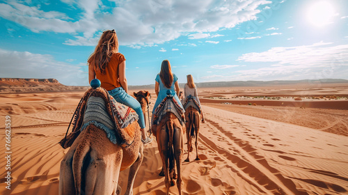 A photo of friends riding camels across a vast desert landscape, experiencing the beauty and tranquility of the desert happiness, love and harmony © Лариса Лазебная