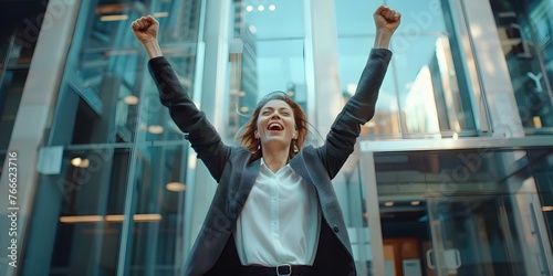 A female accountant celebrates success in front of her companys entrance. Concept Business Success, Corporate Image, Female Professional, Accomplishments, Celebrating Achievements