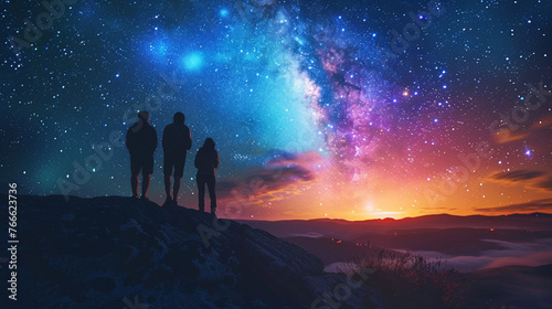 An image of friends stargazing in a remote location  marveling at the beauty of the night sky and constellations happiness  love and harmony