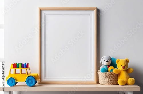 Light wood frame mockup on the shelf near the wall, yellow teddy bear and toy truck. Blank canva mockup in nursery room © Oksana