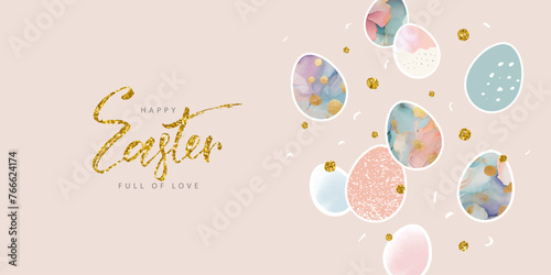 Happy Easter banner. Trendy Easter design with beautiful decorated eggs in pastel colors and shiny gold inscription. Modern style. Horizontal poster, greeting card, header for website. Vector
