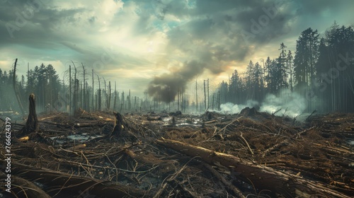A damaged forest due to illegal logging, environmental concept. AI generated image photo
