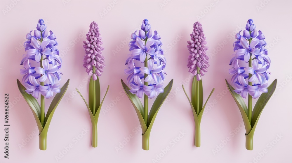 Fototapeta premium A row of purple flowers on a pink surface