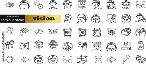 Set of outline icons related to vision.Linear icon collection. Editable stroke. Vector illustration
