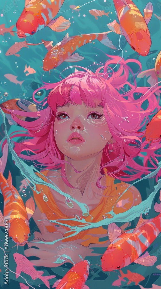 A girl with pink hair is surrounded by fish