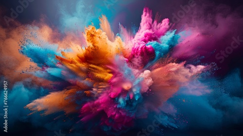 Holi, festival of colors is a popular Hindu spring festival vibrant celebration of joy cultural richness lively music, and spirited dance emotion happy playful India banner copy space greeting card. © JovialFox