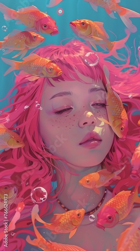 A woman with pink hair is surrounded by goldfish