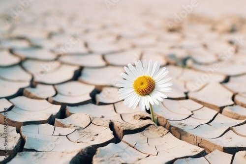 A single white daisy flower blooms resiliently amidst a harsh, cracked soil background, signifying hope and life. Single Daisy Flower in Cracked Dry Soil