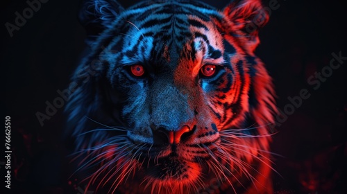 Red and blue illuminated tiger portrait