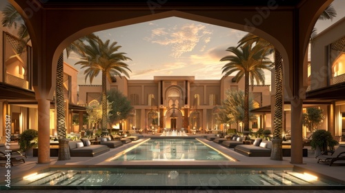 getaway destination of luxury resort hotel or palace garden landscaping design with arcade arcs and pool water feature for Arabia classic exotic tourism architecture design as wide banner