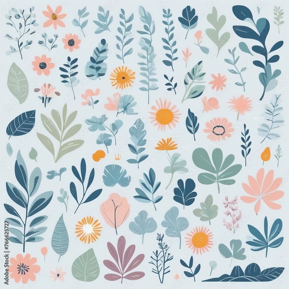 A collection of seamless pattern, colorful abstract plants and flowers. Hand drawn Collection of leaves and flowers. A close up of a pattern of flowers and leaves.
