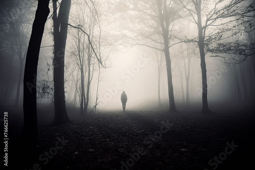 A person is walking in the woods on a foggy day.