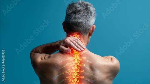 Mature man with neck pain and spine inflammation concept photo