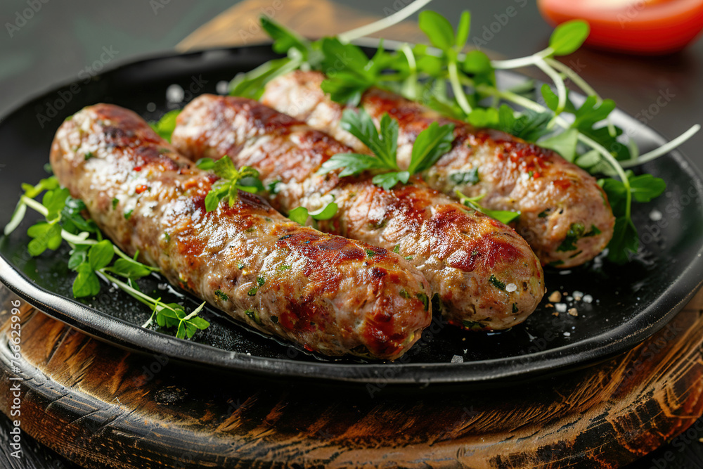 Grilled Juicy Kebab and Sausages Sizzling on the Grill, Ready to eat Food Photography