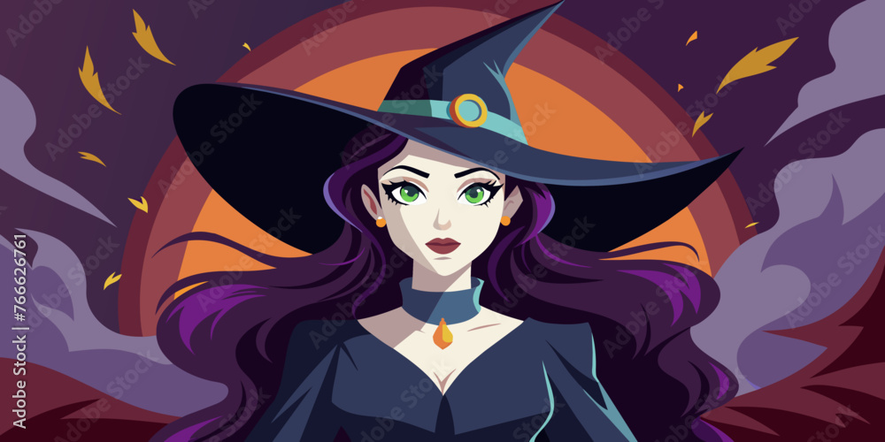Portrait of a witch in a hat looking in front of her. a magical, mystical event. Concept - Walpurgis Night, Halloween, Sabbath, magic Portrait of a witch in a hat looking in front of her. a magical, mystical event. Concept - Walpurgis Night, Halloween, Sabbath, magic