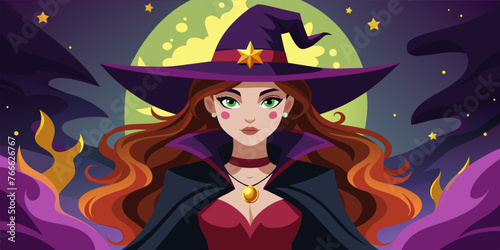 Portrait of a witch in a hat looking in front of her. a magical, mystical event. Concept - Walpurgis Night, Halloween, Sabbath, magic
