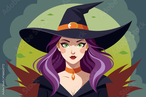 Portrait of a witch in a hat looking in front of her. a magical, mystical event. Concept - Walpurgis Night, Halloween, Sabbath, magic