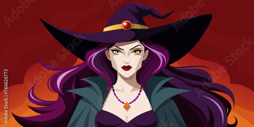 Portrait of a witch in a hat looking in front of her. a magical, mystical event. Concept - Walpurgis Night, Halloween, Sabbath, magic