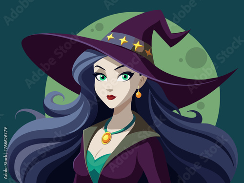 Portrait of a witch in a hat looking in front of her. a magical, mystical event. Concept - Walpurgis Night, Halloween, Sabbath, magic