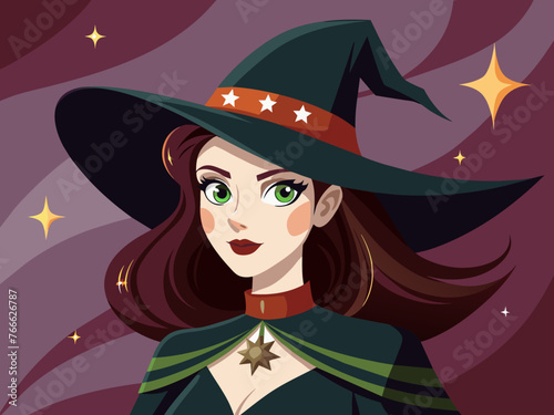 Portrait of a witch in a hat looking in front of her. a magical, mystical event. Concept - Walpurgis Night, Halloween, Sabbath, magic