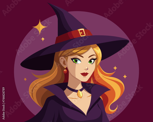 Portrait of a witch in a hat looking in front of her. a magical, mystical event. Concept - Walpurgis Night, Halloween, Sabbath, magic