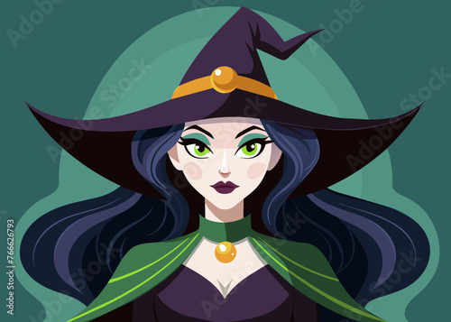 Portrait of a witch in a hat looking in front of her. a magical, mystical event. Concept - Walpurgis Night, Halloween, Sabbath, magic
