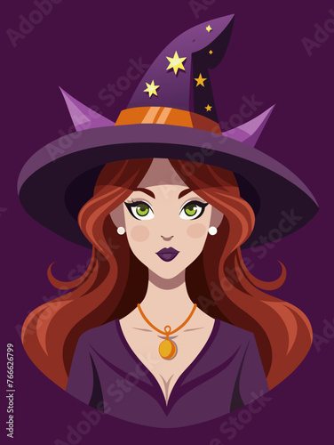 Portrait of a witch in a hat looking in front of her. a magical, mystical event. Concept - Walpurgis Night, Halloween, Sabbath, magic