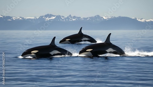 A Pod Of Killer Whales Hunting Together In The Ope