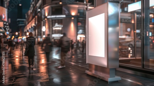 futuristic modern design of public area information signboard neon screen as touchscreen interactive blank empty white billboard or menu smart kiosk machine as street advertisement display mockup photo