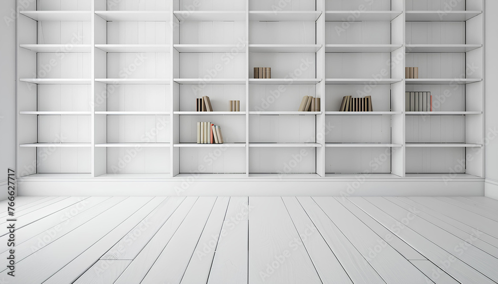 white wooden bookshelf in empty white roomon background white wooden bookshelf in empty white roomon background