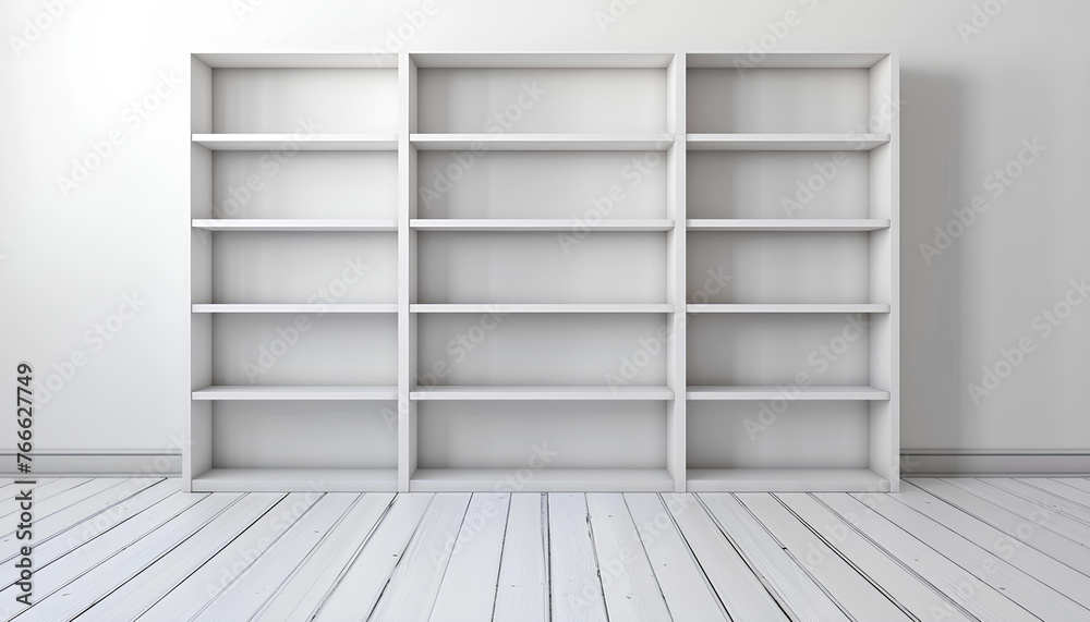white wooden bookshelf in empty white roomon background