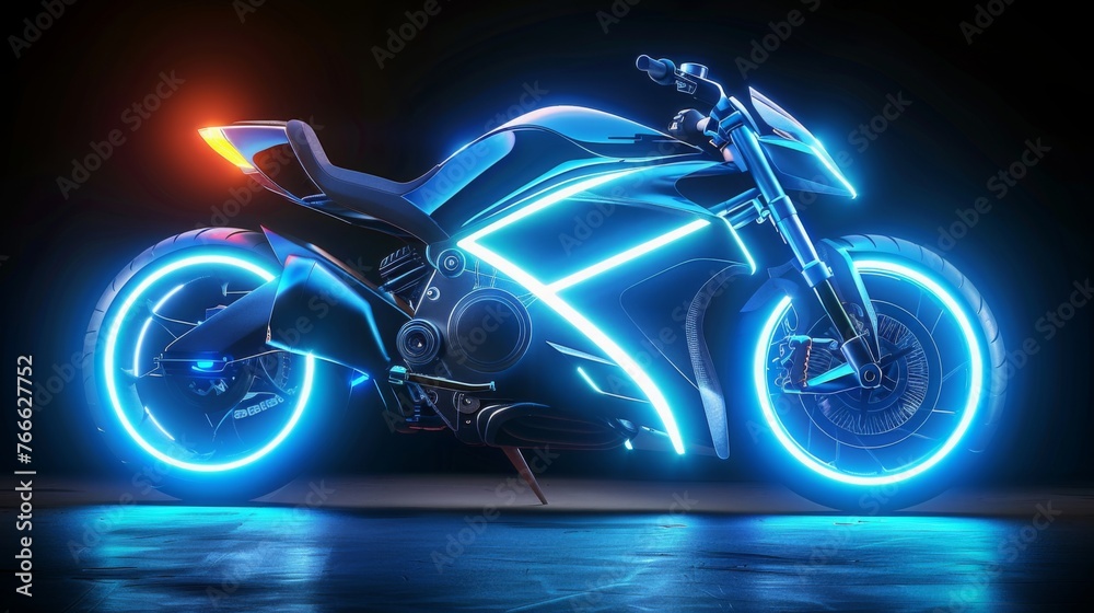 Futuristic Generic 3D motorcycle concept design with blue neon ambiance and black body, mixed digital 3d illustration and matte painting