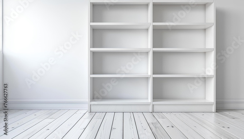 white wooden bookshelf in empty white roomon background photo