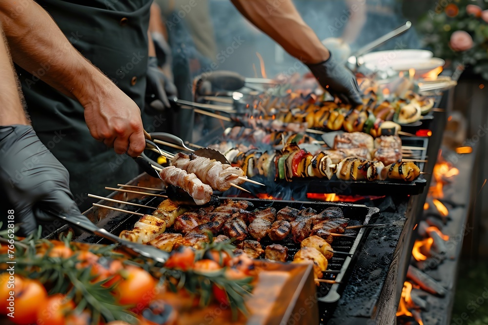 Savoring a Gourmet BBQ Buffet Outdoors: Delighting in Succulent Grilled Cuisine. Concept BBQ Buffet, Gourmet Cuisine, Outdoor Dining, Grilled Food, Succulent Flavors
