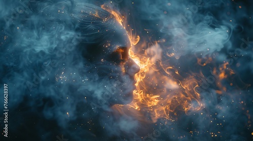An artistic image of a face emerging from blue smoke and orange flames with sparks