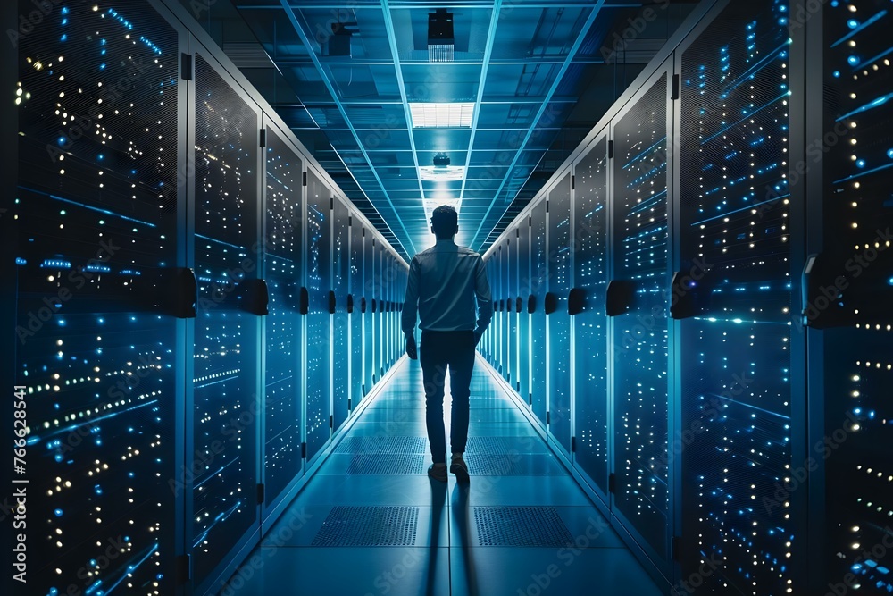 Engineer manager connecting data center networking in server room with ...