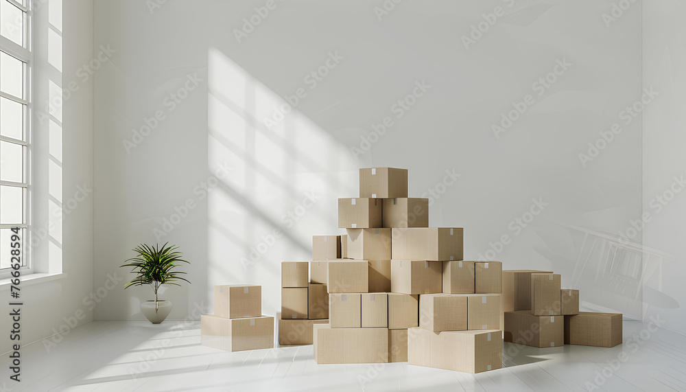stack of cardboard boxes in empty white room on background stack of cardboard boxes in empty white room on background