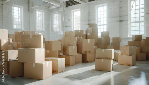 stack of cardboard boxes in empty white room on background © Oleksiy